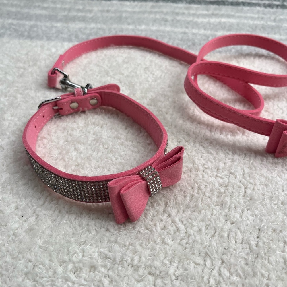 Pink & rhinestone Bow dog Collar and Leash Set